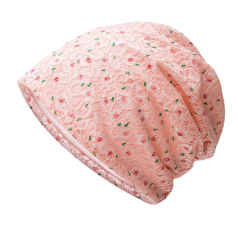 Women Lace Floral Pattern Printed Hollow Breathable Sun Protection Beanie Hat Baotou Hat