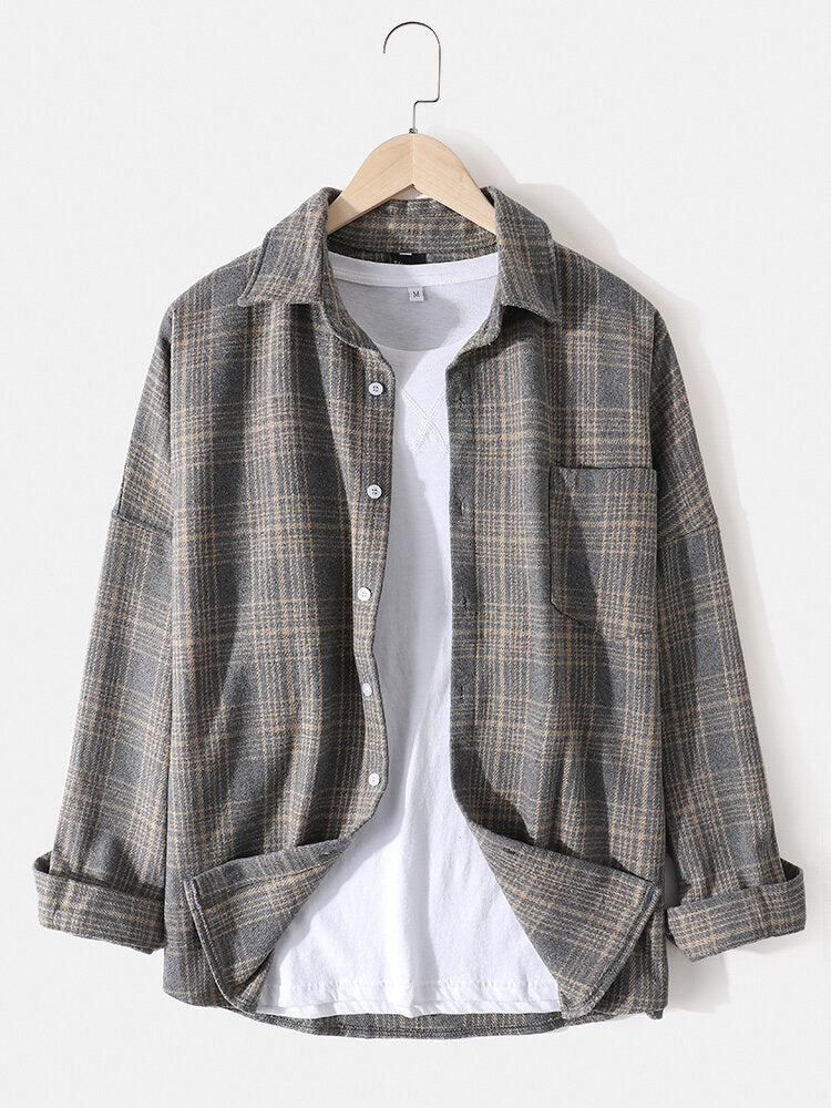 Mens Cotton Plaid Lapel Drop Shoulder Relaxed Fit Overshirt With Pocket