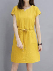 Solid Drawstring Waist Pocket Short Sleeve Casual Dress