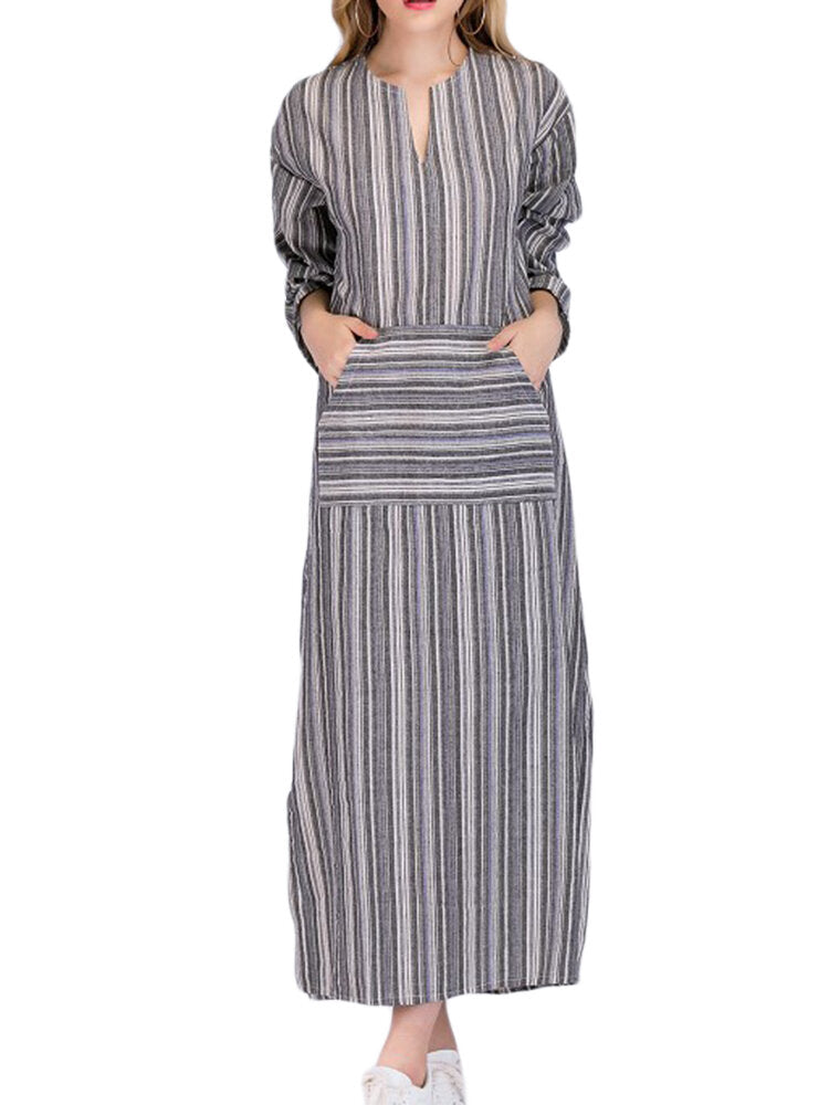 Women Casual Stripe V-neck Big Pocket Long Maxi Dress