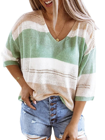 Casual Loose Color Block V-neck Long Sleeve Sweaters