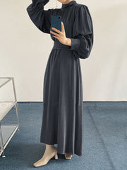 Solid Long Sleeve High Neck Pleated Casual Maxi Dress