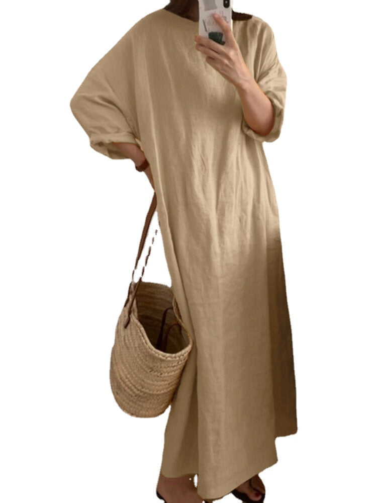 Solid Long Sleeve Round Neck Casual Cotton Maxi Dress