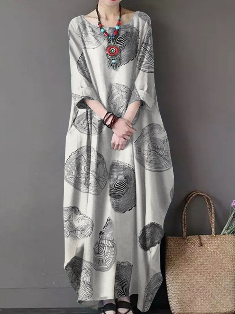 Women Retro Cotton Print 3/4 Sleeve Loose Baggy Casual Maxi Dresses With Pocket