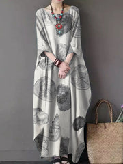 Women Retro Cotton Print 3/4 Sleeve Loose Baggy Casual Maxi Dresses With Pocket