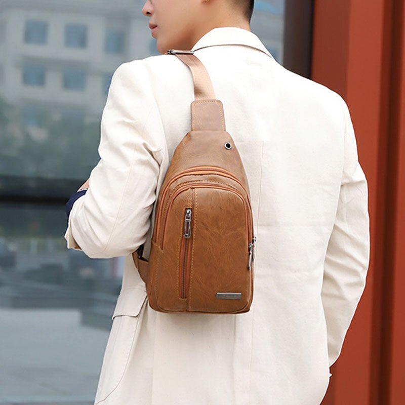 Men Earphone Hole Business Multi-pocket Crossbody Bag Chest Bag Sling