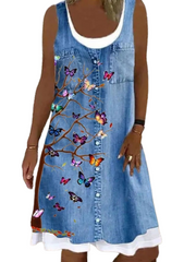 Women‘s Sleeveless Butterfly Print Boat Neck Casual Dress