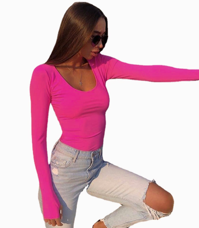 Solid Color Women's Chic Long-Sleeved Bottom T-shirt