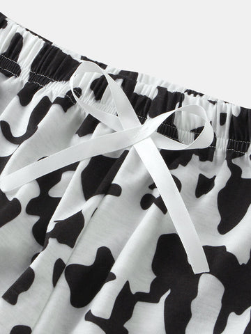 Women Cow Print Pajamas Short Set O-Neck Comfy Summer Sleepwear