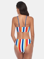 Women Stripe Print Spaghetti Straps Knotted Hawaii Bikini Swimsuit