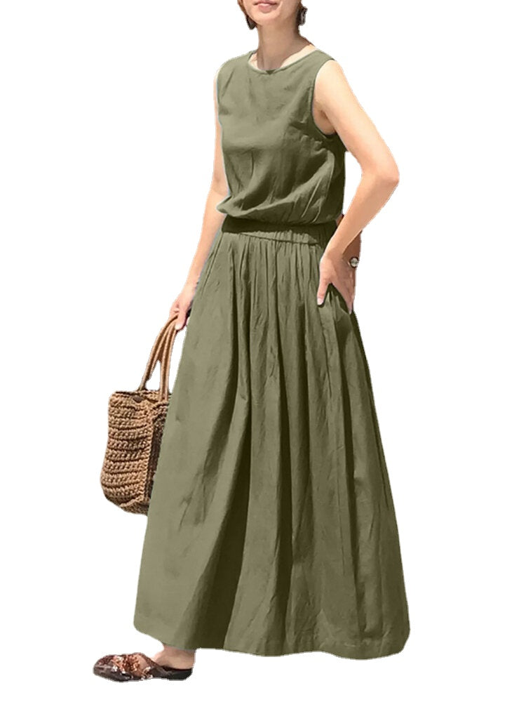 Leisure Solid Elastic Waist Pocket Sleeveless Maxi Dress