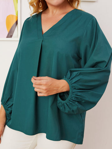 Plus Size Women Solid Color V-Neck Lantern Sleeve Casual Blouses
