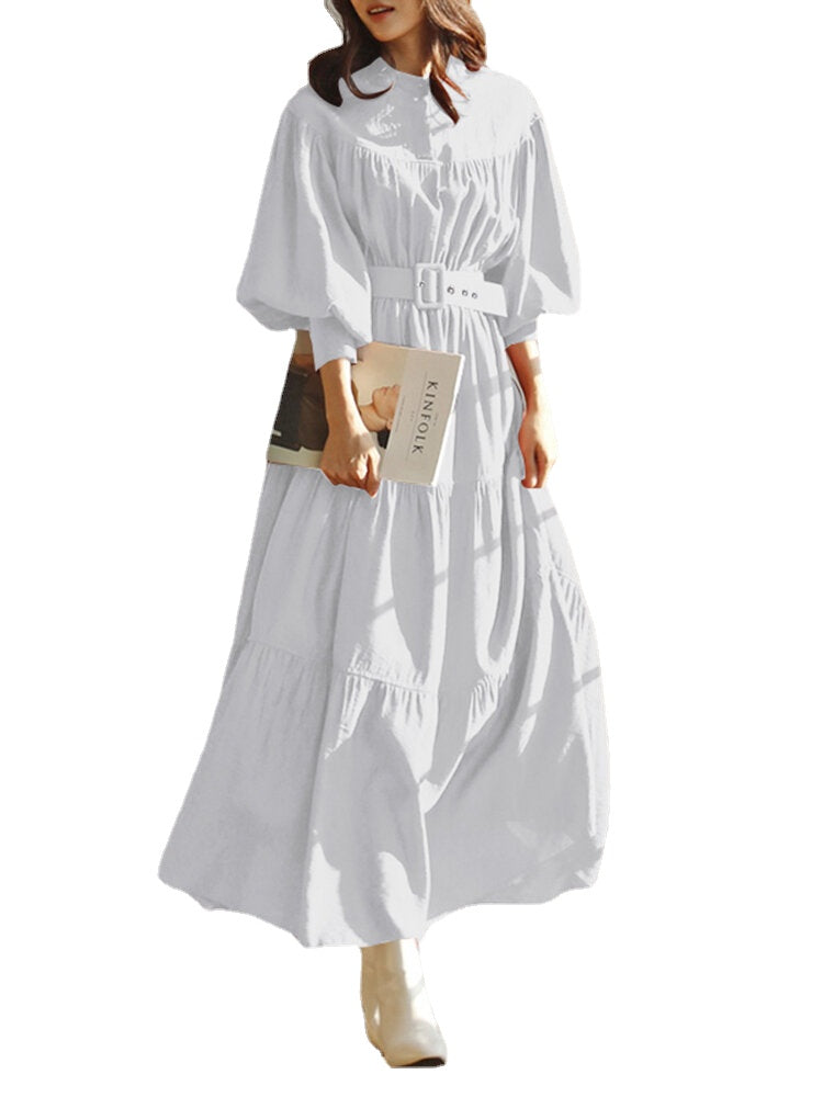 Solid Color Stand Collar Puff Sleeve Belted Pleated Shirt Maxi Dress