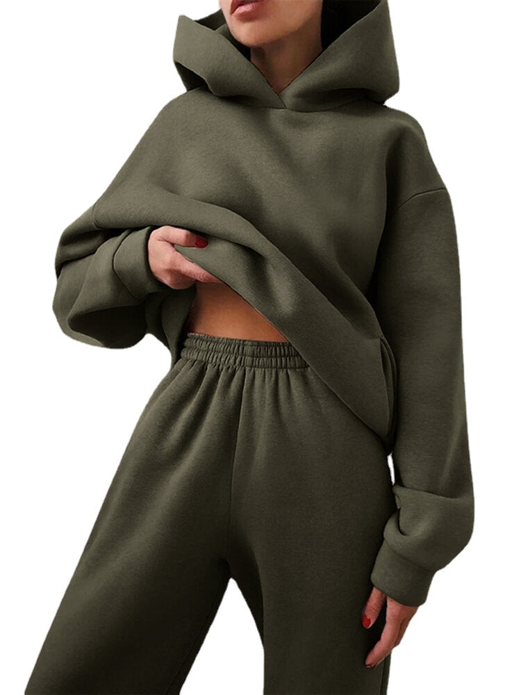 Women Elegant Solid Suits Warm Hooded Sweatshirt with Long Pant Casual Two Piece Sets