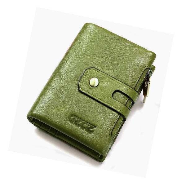 Men Women Retro Genuine Leather Tri-fold Wallet Card Holder Double Zipper