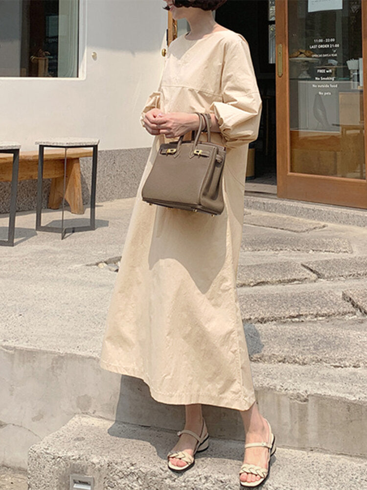 Women Solid Color O-Neck Puff Sleeves Swing Casual Maxi Dress