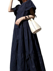 Women Puff Sleeve Round Neck Tiered Simple Solid Color Pleated Maxi Dresses