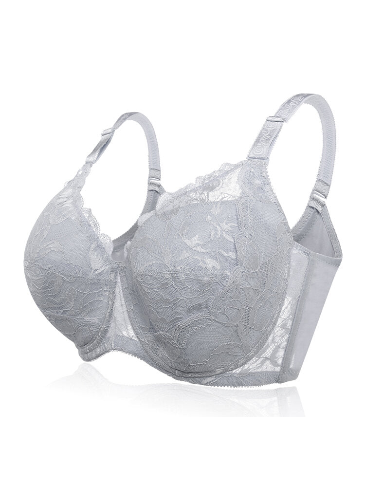 Plus Size Lace Jacquard Gather Full Coverage Push Up Bra, Grey