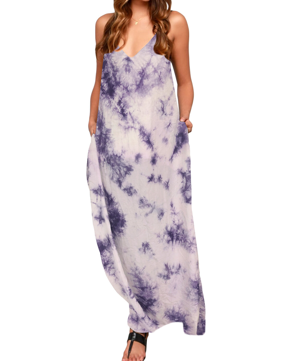 Tie Dye Print V-neck Strapless Sleeves Pocket Split Casual Maxi Dress For Women