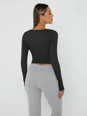 Womens Long Sleeve Shirts Crop Tops Basic Double Layering Tight Slim Fit T Shirts Winter Clothes