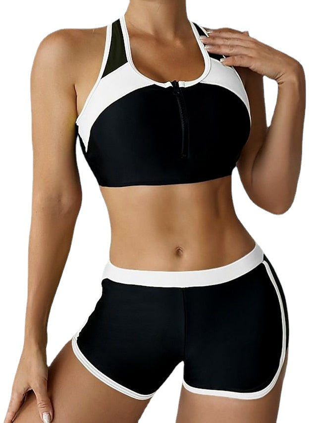 Women's Swimwear Tankini 2 Piece Normal Swimsuit 2 Piece Front Zip Color Block Lake blue White Yellow Red Blue High Neck Bathing Suits Sports Summer