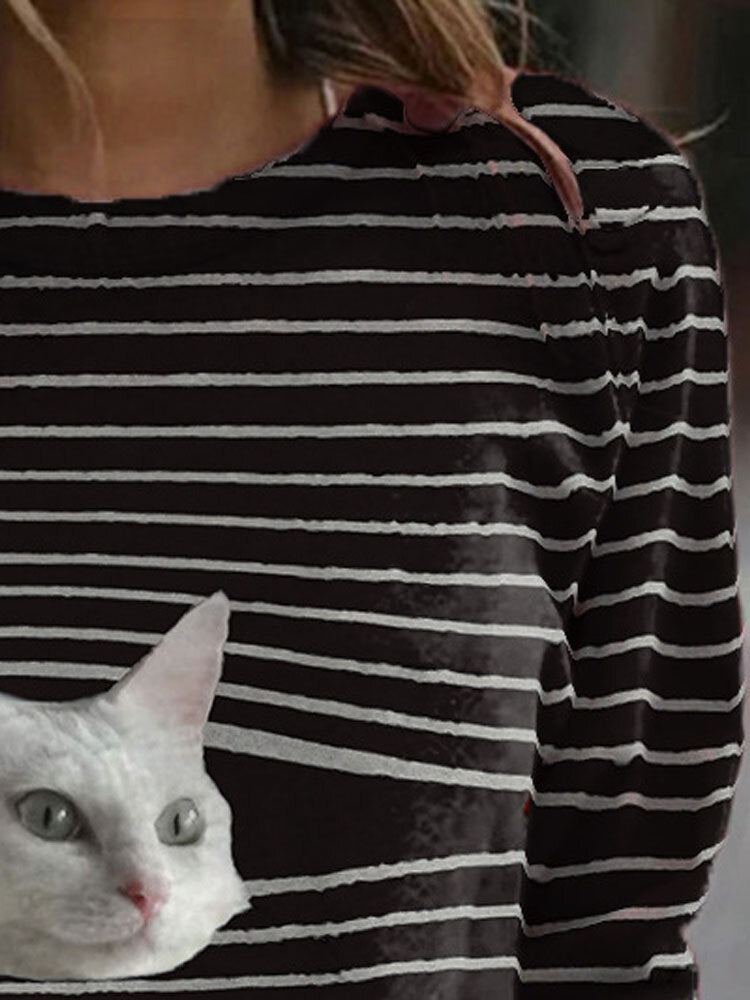 Women Stripe Cat Print Pullover Black Casual Sweatshirts