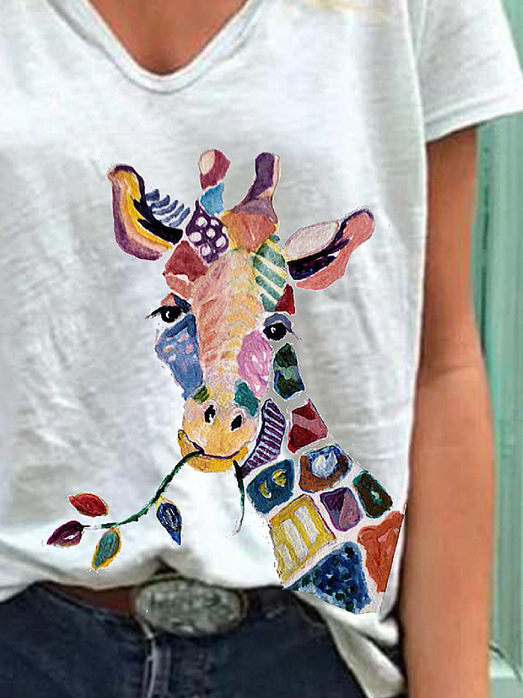 Cartoon Giraffe Animal Print V-neck Short Sleeve Loose T-shirts For Women