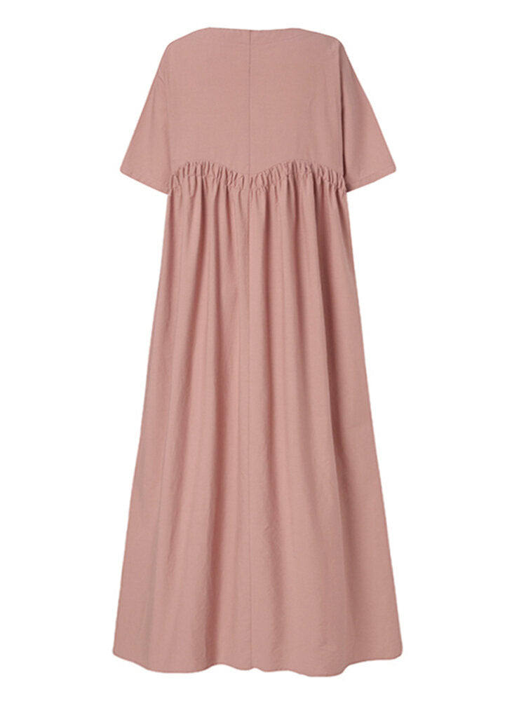 Women Vintage Cotton Solid Color Pleats Half Sleeve Swing Maxi Dresses