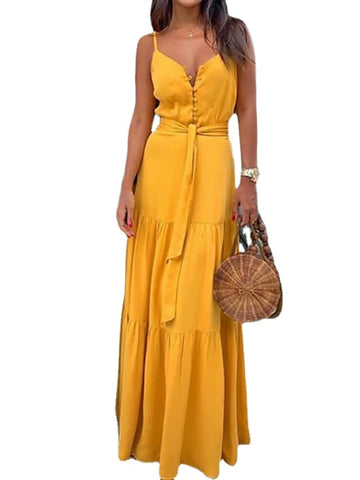 Women's Sleeveless Pure Color Spaghetti Strap Casual Slim temperament Long Dress