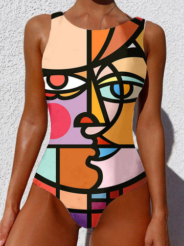Women Abstract Figure Print Wide Straps Backless Beach One Piece