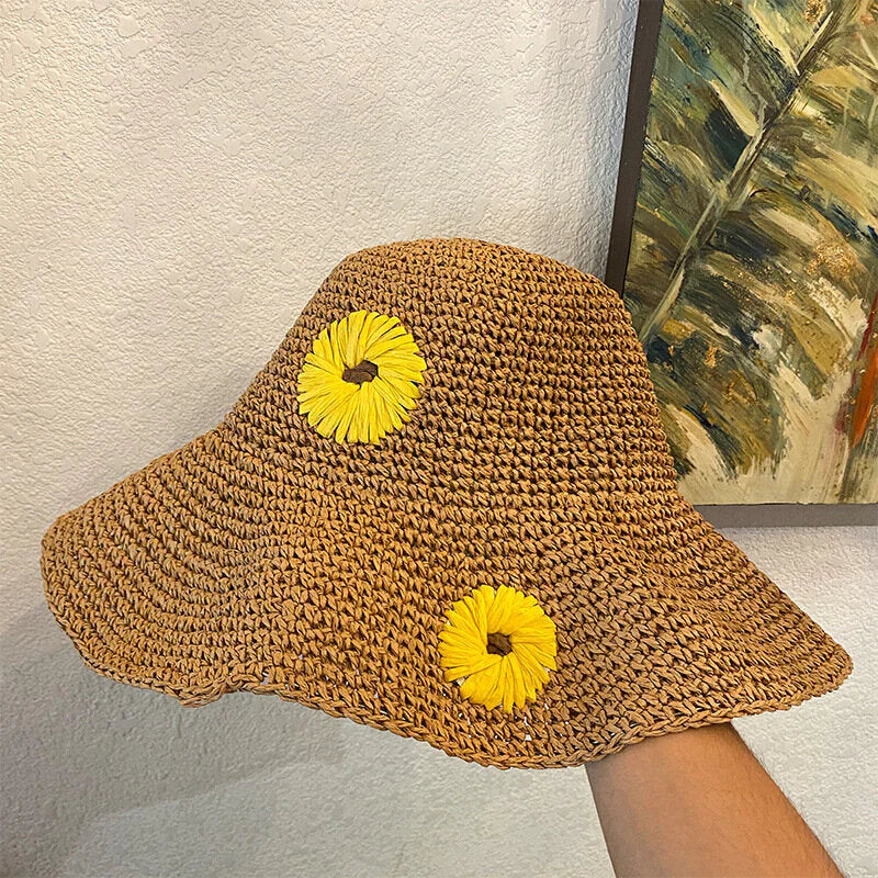 Women Straw Floral Solid Color Elegant Sunflower Big Brim Visor Sun Protection Hat Beach Hat Bucket Hat