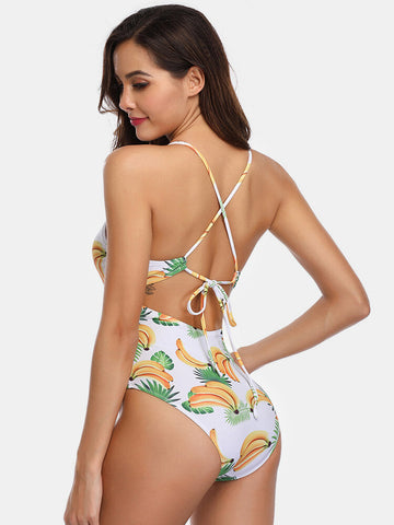 Women Banana Print Criss-Cross Spaghetti Straps One Piece Beach Swimwear