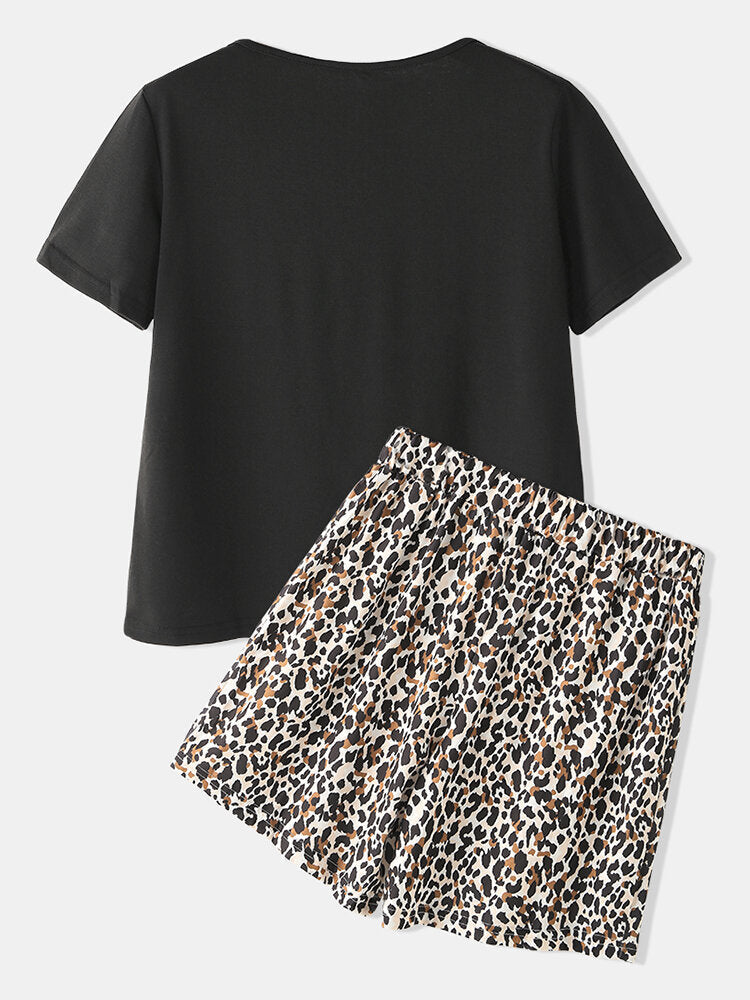Leopard Print Pajamas Set Two Pieces O-Neck Short Sleeve Women Outwork Loungewear
