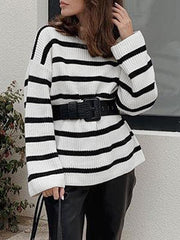 Women Black and White Striped O-Neck Casual Loose Fit Preppy Sweasters