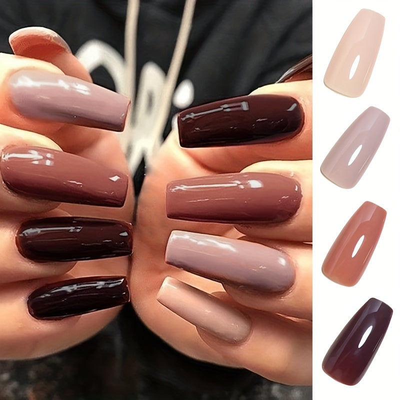 4 Packs (96 Pcs) Glossy Medium Coffin Press On Nails - Nude Brown Full Cover Fake Nails for Autumn & Winter