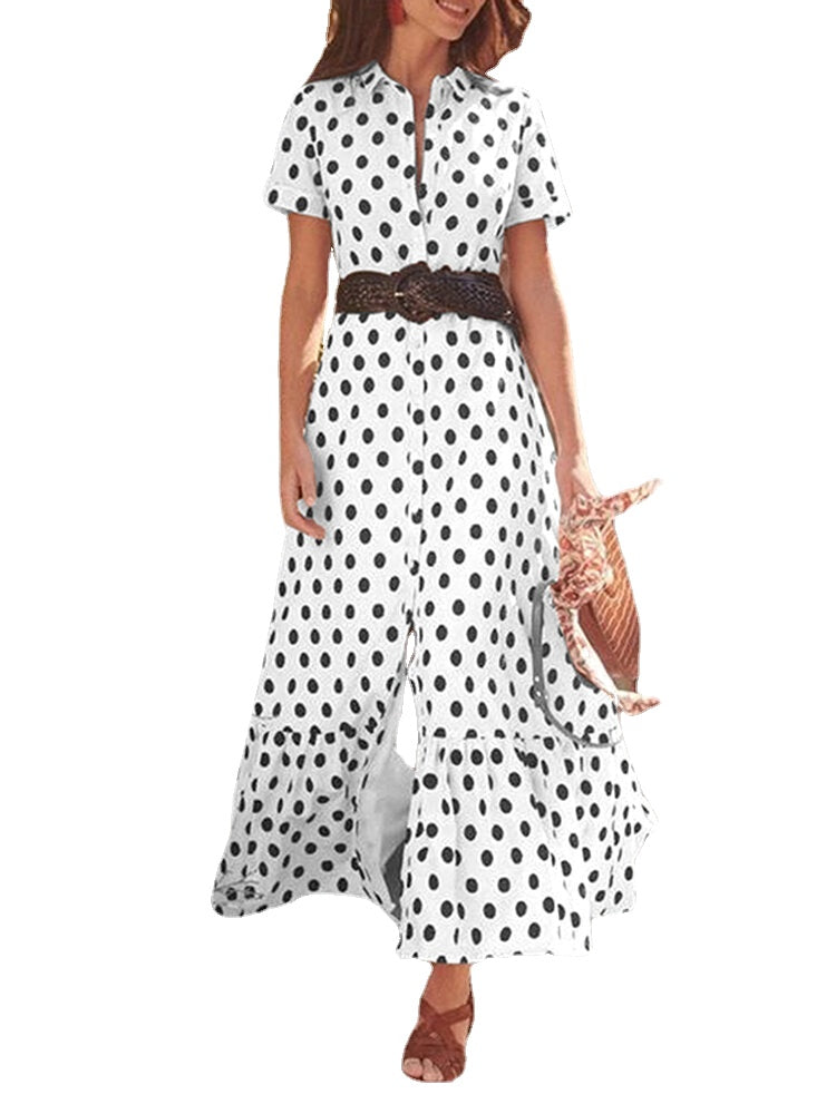 Polka Dot Button Lapel Short Sleeve Ruffle Shirt Dress