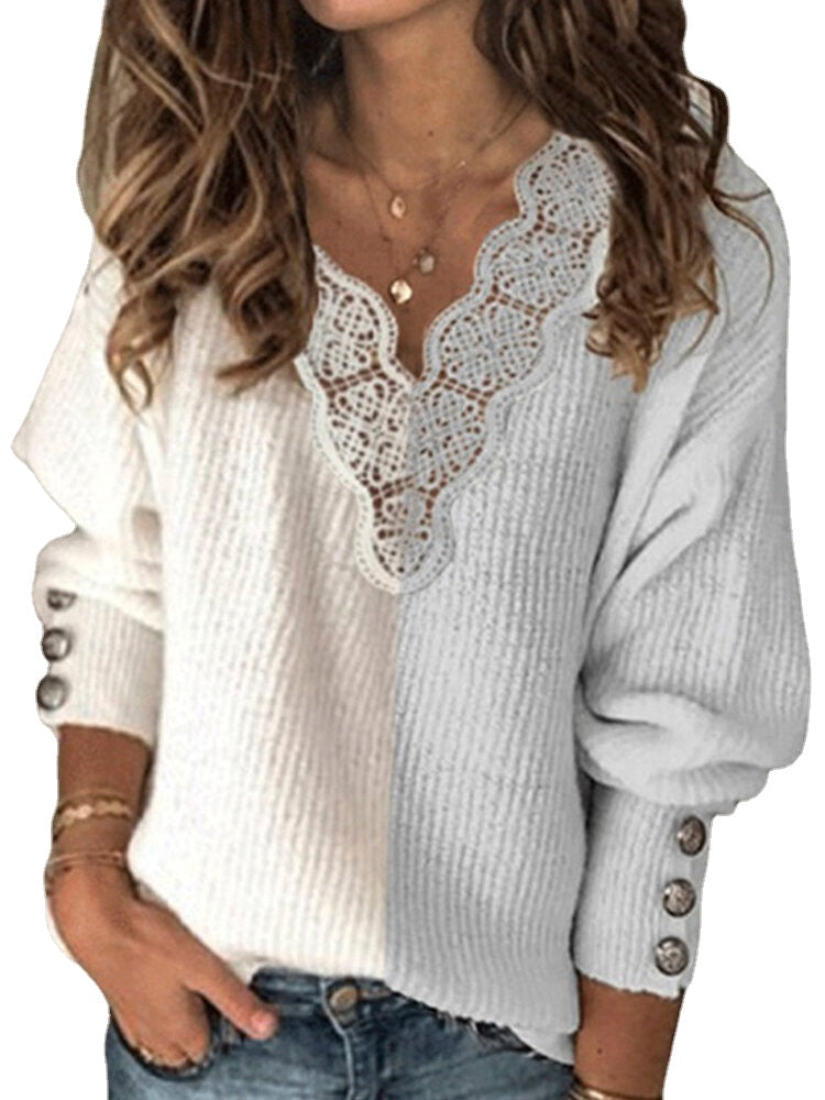 Women Patchwork Lace Lantern Sleeves Plus Size Button Casual Sweater
