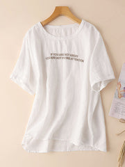 Cotton Letter Print Round Neck Short Sleeve Blouse