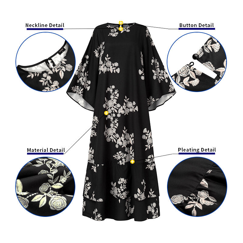 Floral Print Patchwork Crew Neck Button Back Long Sleeve Casual Maxi Dress