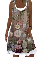 Loose Sleeveless Floral Fake two piece U Neck Casual Dress For Womens