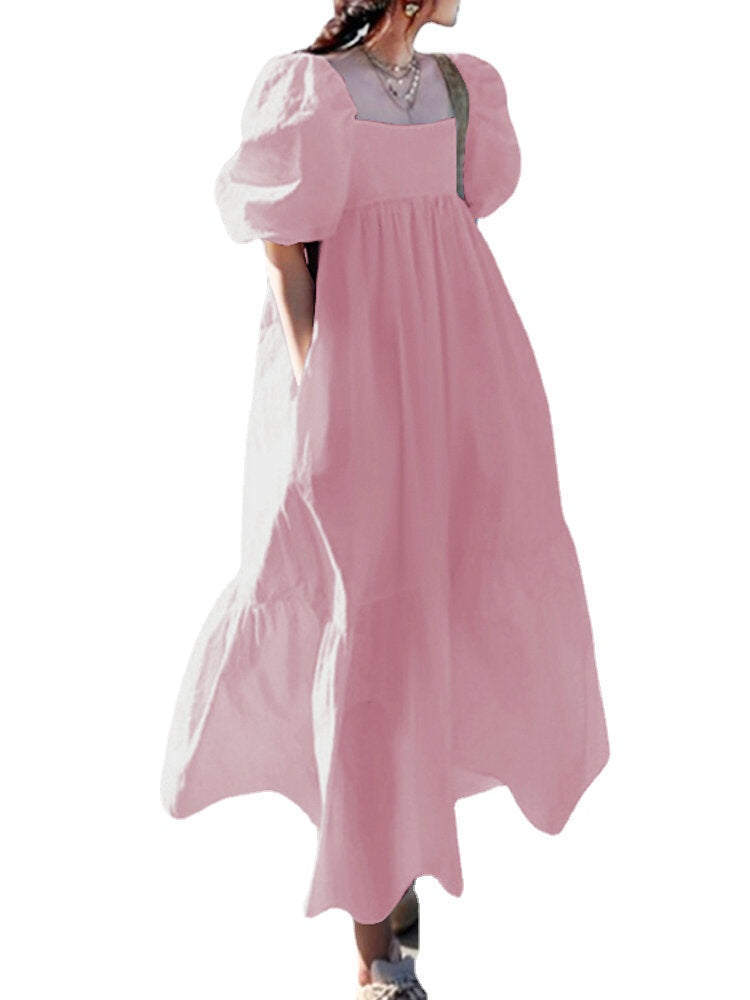 Women 100% Cotton Puff Sleeve Square Neck Maxi Dresses With Side Pocket