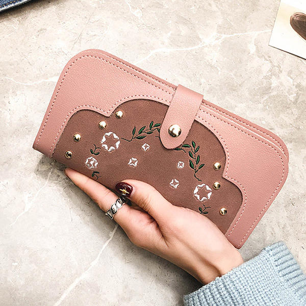 Women Dull Polish PU Leather Flower Pattern Long Wallet Card Holder Purse