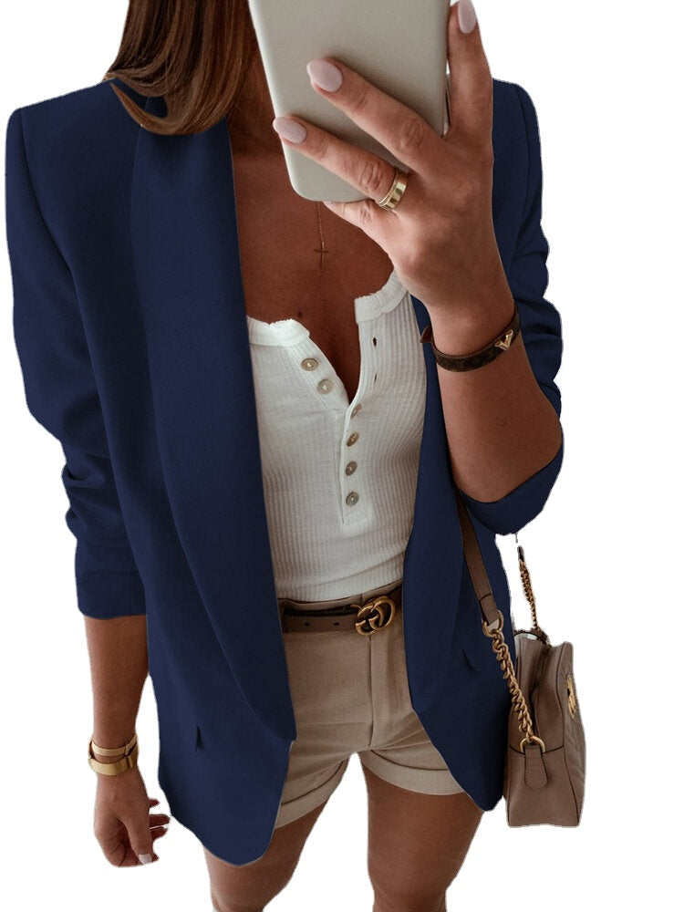 Women Solid Color Pocket Shawl Collar Elegant Long Sleeve Blazers