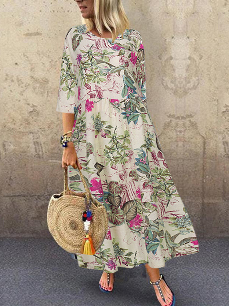 Women Retro Floral Printed Round Neck Three Quarter Sleeve Pleated Maxi Dresses