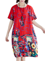 Geometric Floral Pocket Round Neck Short Sleeve Casual Midi Dress