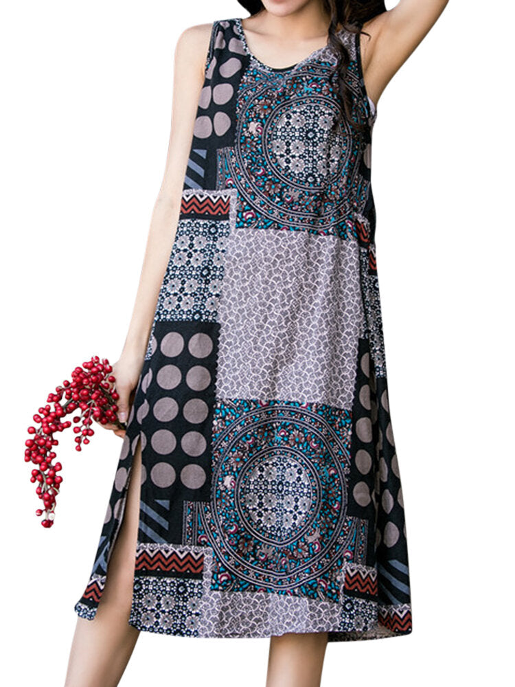 Women Sleeveless Random Printed Patchwork Split Hem Casual Dresses