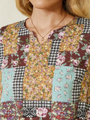 Women Colorblock Floral Plaid Print Vintage Maxi Dress With Pocket