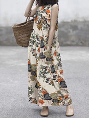 Women Cotton Plant Floral Print Side Pockets Sleeveless Casual Jumpsuits