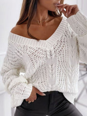 Women V-Neck Solid Color Knitting Hollow Out Casual Sweaters