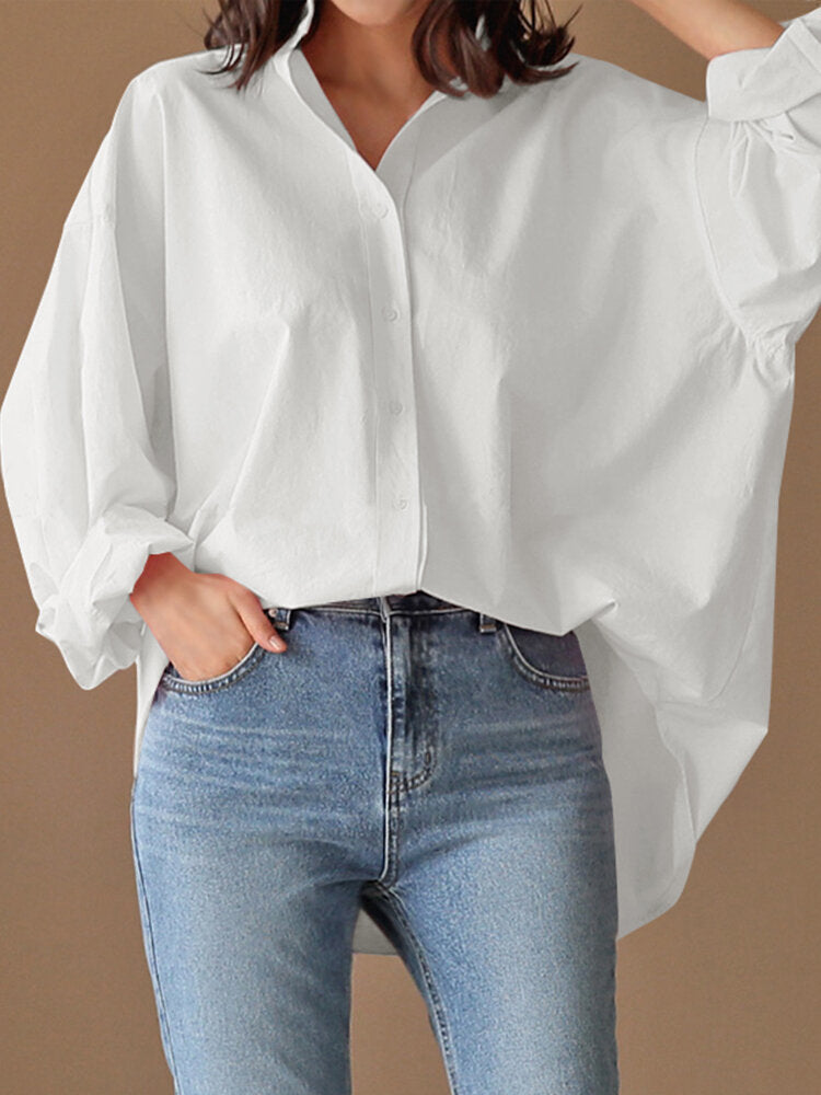 Loose Solid Turn-Down-Collar Full Sleeve Retro Women Blouse